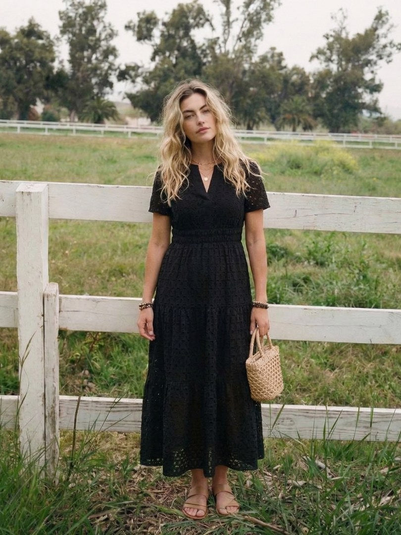 Cressida Women's Pink Eyelet Tiered Midi Dress in Black