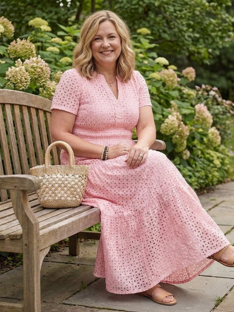 Cressida Women's Pink Eyelet Tiered Midi Dress in Pink
