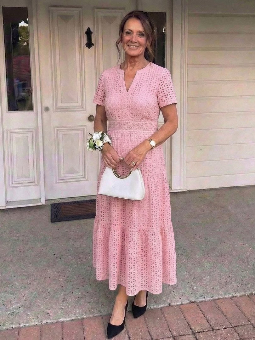 Cressida Women's Pink Eyelet Tiered Midi Dress in Pink