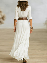 Crissa Long Belted Dress With Pleated Lapels in Brown