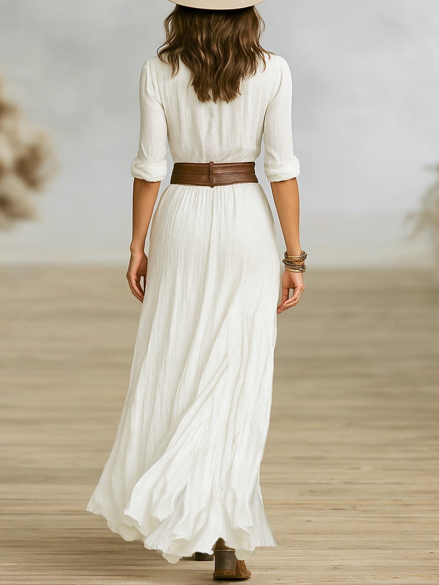 Crissa Long Belted Dress With Pleated Lapels in Brown
