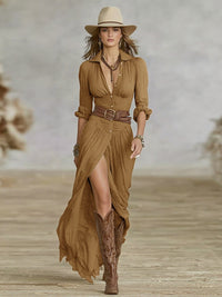 Crissa Long Belted Dress With Pleated Lapels in Brown