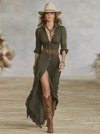 Crissa Long Belted Dress With Pleated Lapels in Green