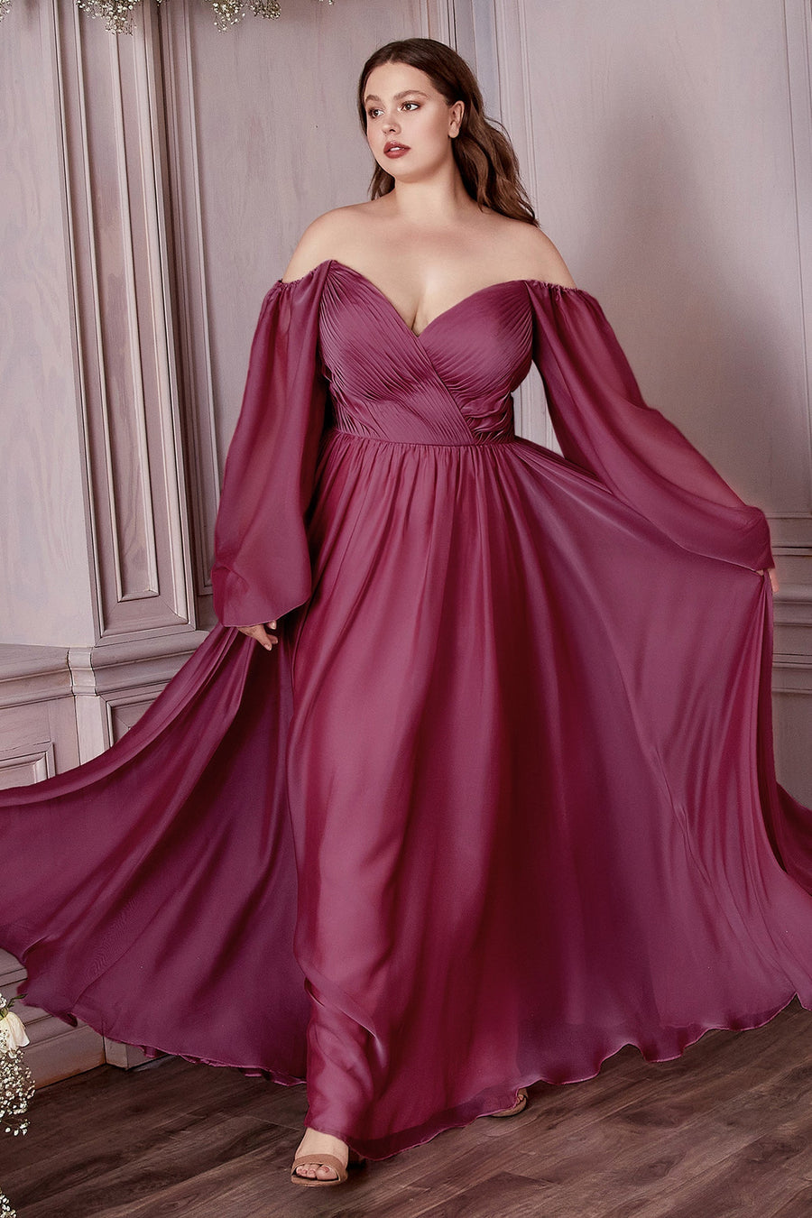 Curve Long Sleeve Chiffon Gown By Cinderella Divine CD243C