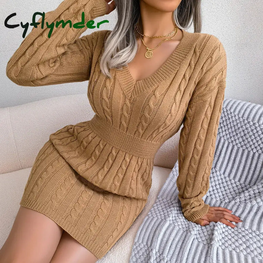 Knitted Sweater Dress for Women Autumn Winter Long Sleeve Slim Waist Knitwear Clothes