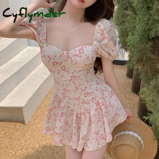 Cyflymder Summer Women Puff Sleeve Backless Midi Dress Vintage Floral Print Blue Sundress Elegant Party Beach Ladies Dress