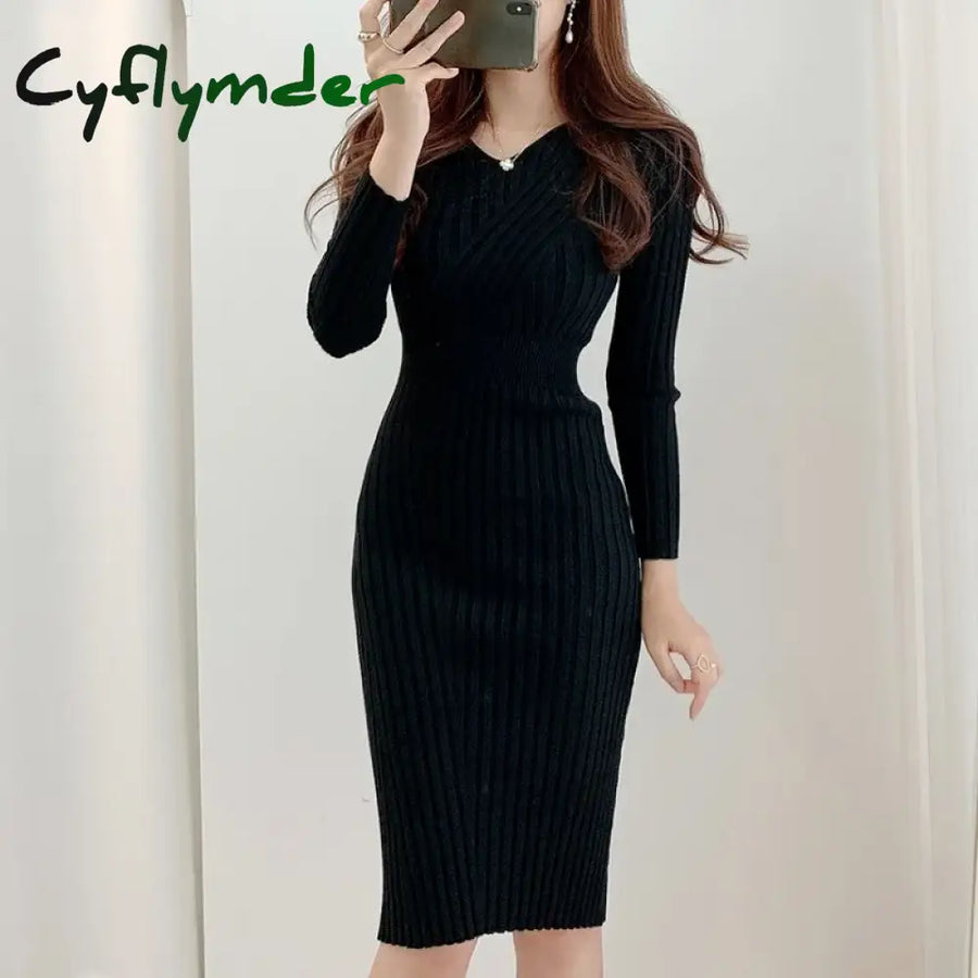 Vintage Long Sleeve Knitted Dresses for Women Party Robe Female Autumn Retro V Neck Bodycon Dress Korean Slim Waist Vest