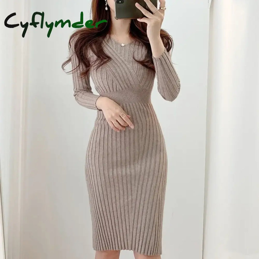 Vintage Long Sleeve Knitted Dresses for Women Party Robe Female Autumn Retro V Neck Bodycon Dress Korean Slim Waist Vest