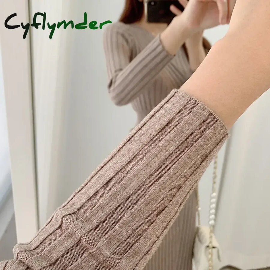 Vintage Long Sleeve Knitted Dresses for Women Party Robe Female Autumn Retro V Neck Bodycon Dress Korean Slim Waist Vest