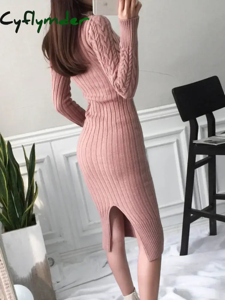Women's New Knitted Turtleneck Long Sleeve Slim and Slim Mid Length Over the Knee Dress in Autumn Winter Dress Sweater T
