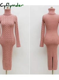 Women's New Knitted Turtleneck Long Sleeve Slim and Slim Mid Length Over the Knee Dress in Autumn Winter Dress Sweater T