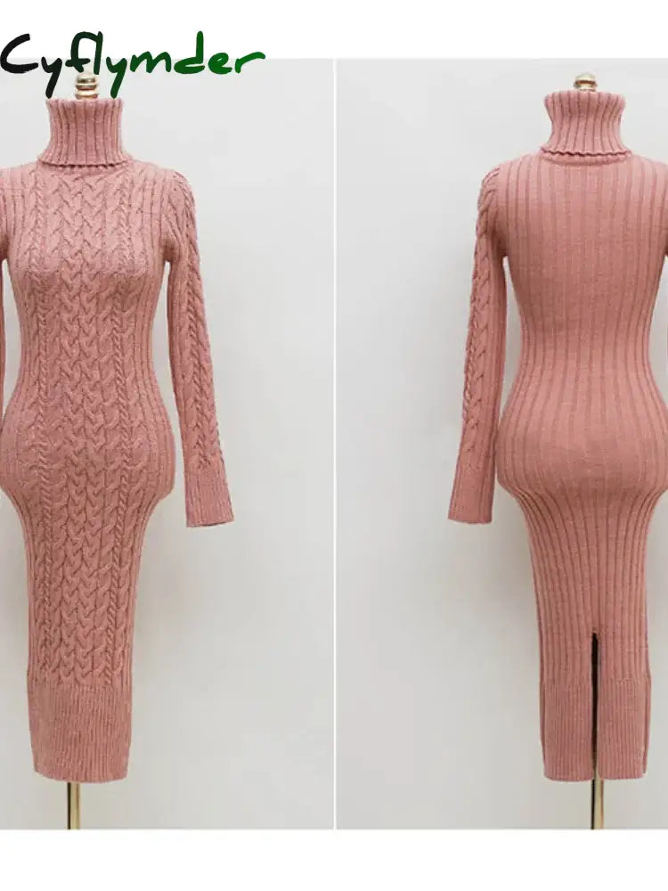 Women's New Knitted Turtleneck Long Sleeve Slim and Slim Mid Length Over the Knee Dress in Autumn Winter Dress Sweater T