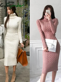 Women's New Knitted Turtleneck Long Sleeve Slim and Slim Mid Length Over the Knee Dress in Autumn Winter Dress Sweater T