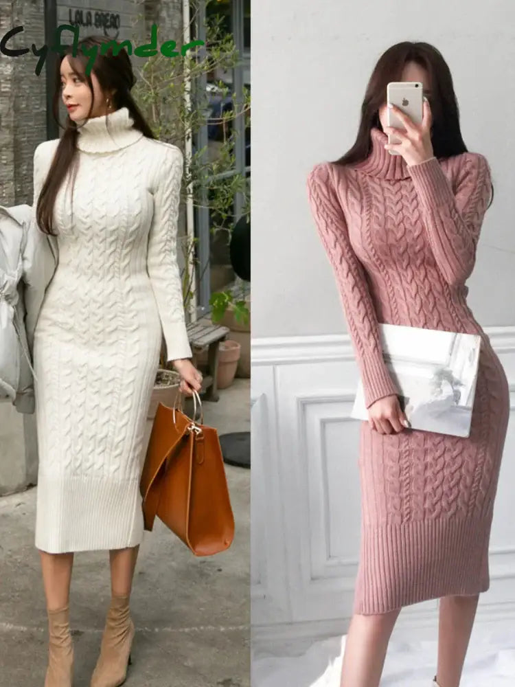 Women's New Knitted Turtleneck Long Sleeve Slim and Slim Mid Length Over the Knee Dress in Autumn Winter Dress Sweater T