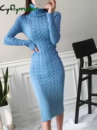 Women's New Knitted Turtleneck Long Sleeve Slim and Slim Mid Length Over the Knee Dress in Autumn Winter Dress Sweater T