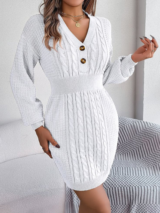 Womens Knit Dress Autumn Winter Casual Long Sleeve Bodycon V Neck Knitted Short Dress