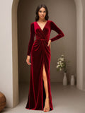 Cicinia Burgundy Prom Dresses With Sleeves Long Velvet Sheath V-neck Floor Length