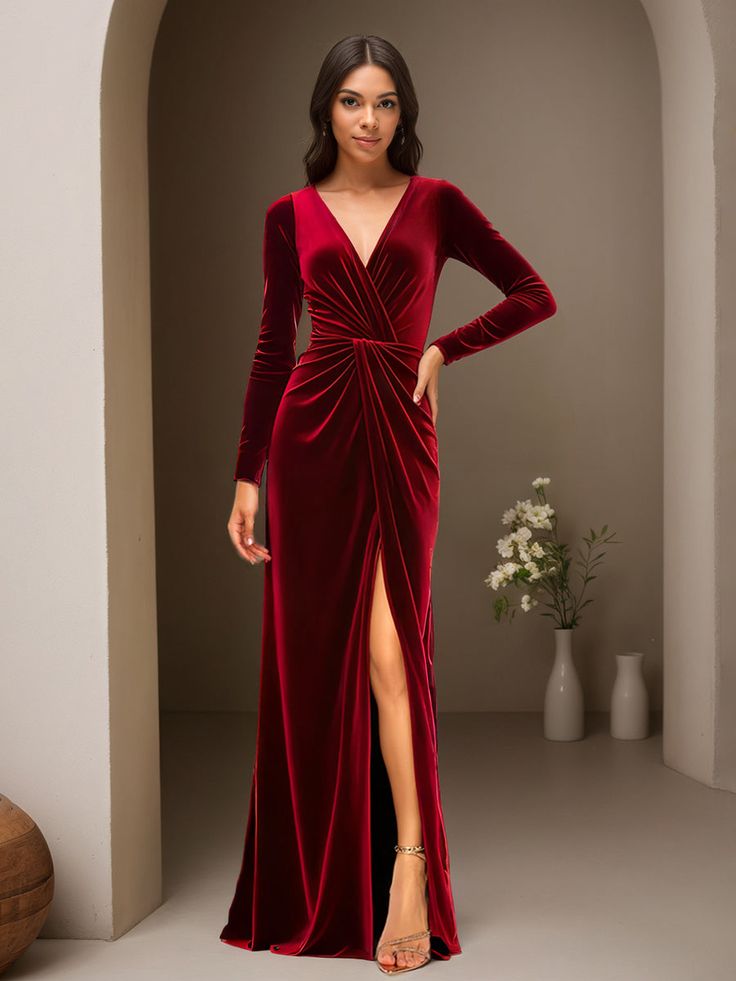 Cicinia Burgundy Prom Dresses With Sleeves Long Velvet Sheath V-neck Floor Length