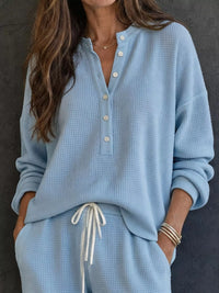 Waffle Knit Henley Top and Wide Leg Pants Set