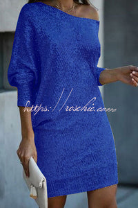 Solid Sequined Off Shoulder Loose Mini Dress