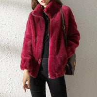 Women's Fleece Teddy Stand Collar Zip-Up Jacket with Drawstring Hood
