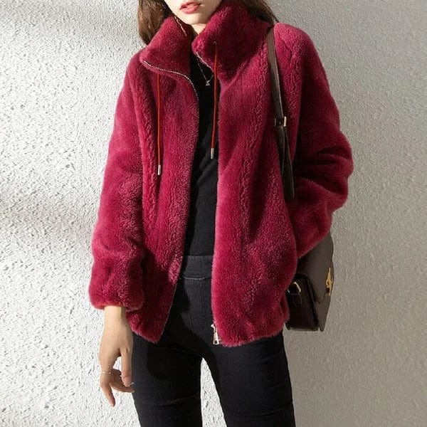 Women's Fleece Teddy Stand Collar Zip-Up Jacket with Drawstring Hood