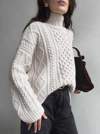 9 Ply 100% Cashmere Cable Knit Oversized Turtleneck Sweater in Natural By Elsante Atelier