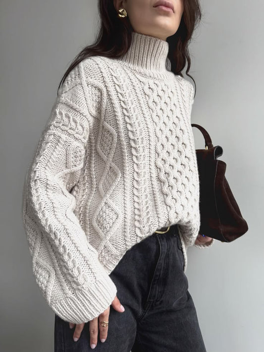 9 Ply 100% Cashmere Cable Knit Oversized Turtleneck Sweater in Natural By Elsante Atelier