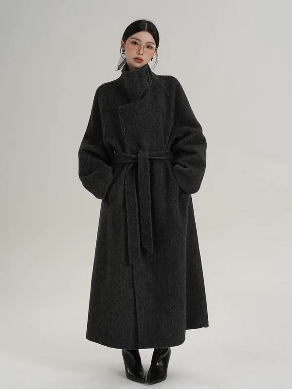 High Neck Belted Long Wool Coat