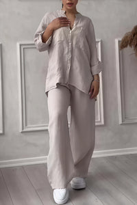 Dahlia Women's Button Up Wide Leg Two Piece Set in Apricot