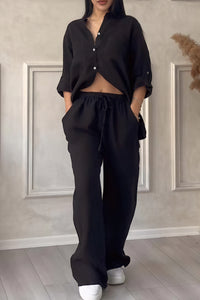 Dahlia Women's Button Up Wide Leg Two Piece Set in Black