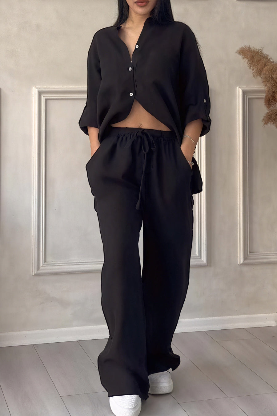 Dahlia Women's Button Up Wide Leg Two Piece Set in Black