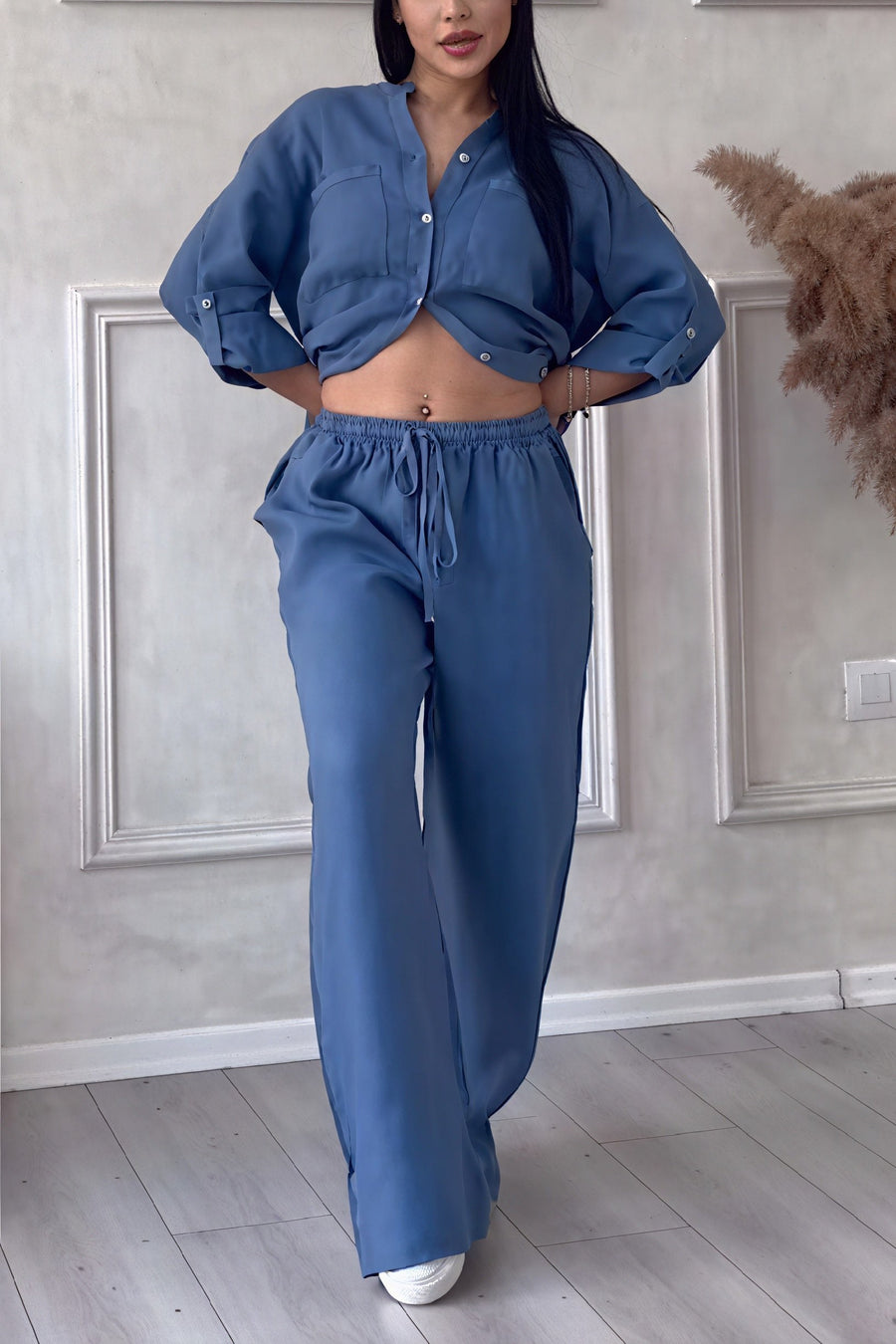 Dahlia Women's Button Up Wide Leg Two Piece Set in Blue