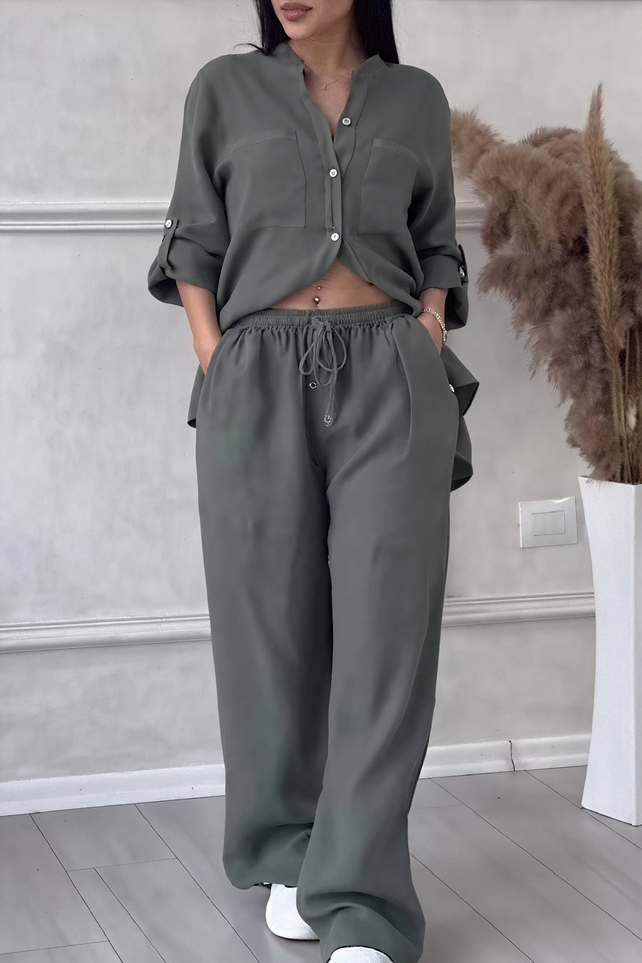 Dahlia Women's Button Up Wide Leg Two Piece Set in Dark Grey