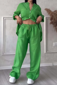Dahlia Women's Button Up Wide Leg Two Piece Set in Green