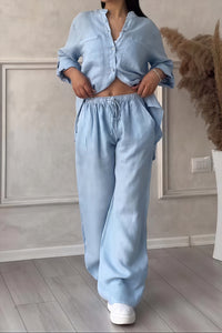 Dahlia Women's Button Up Wide Leg Two Piece Set in Light Blue
