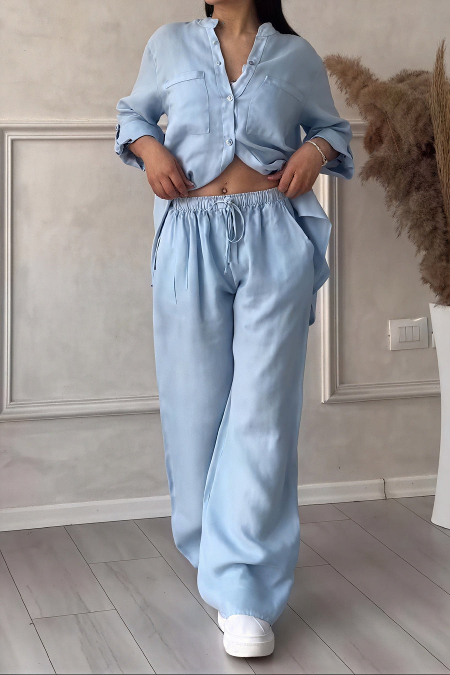 Dahlia Women's Button Up Wide Leg Two Piece Set in Light Blue