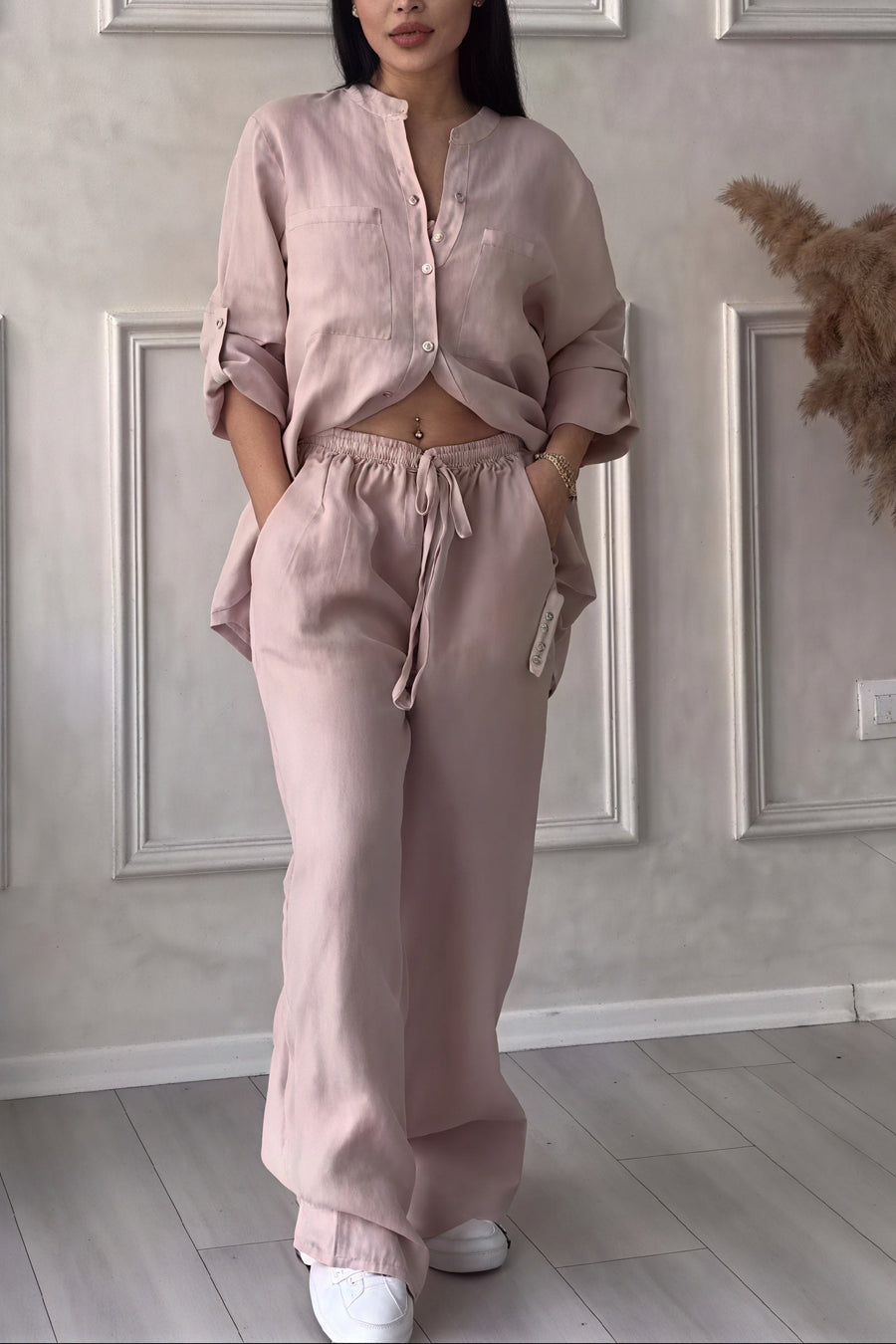Dahlia Women's Button Up Wide Leg Two Piece Set in Light Pink