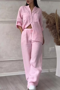 Dahlia Women's Button Up Wide Leg Two Piece Set in Pink