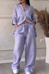 Dahlia Women's Button Up Wide Leg Two Piece Set in Purple