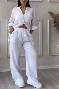 Dahlia Women's Button Up Wide Leg Two Piece Set in White