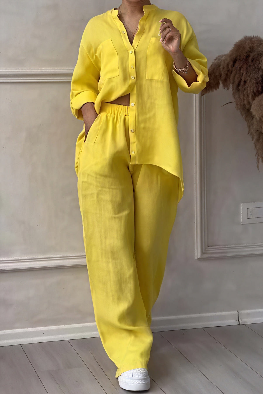 Dahlia Women's Button Up Wide Leg Two Piece Set in Yellow