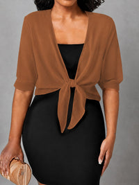 Dahlia Women's Sheer Chiffon Tie Front Crop Cardigan Top in Brown