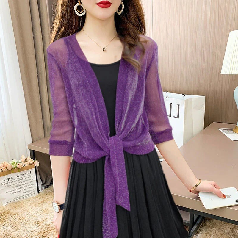 Dahlia Women's Sheer Chiffon Tie Front Crop Cardigan Top in Purple
