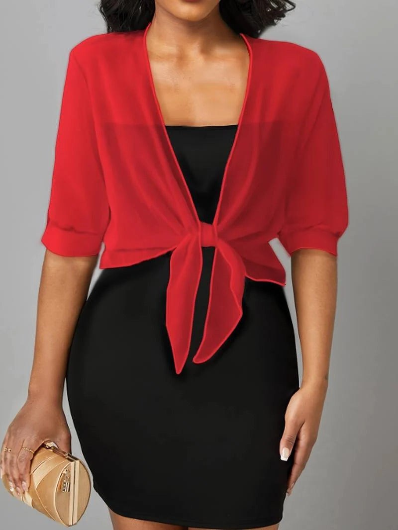 Dahlia Women's Sheer Chiffon Tie Front Crop Cardigan Top in Red