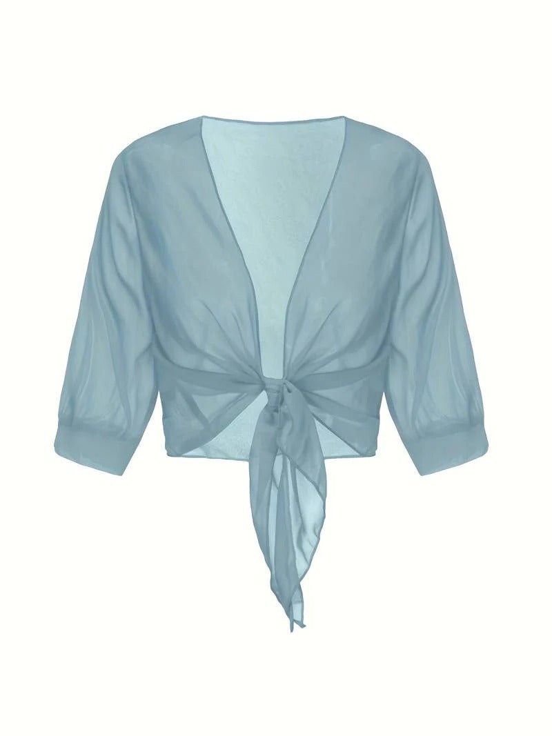 Dahlia Women's Sheer Chiffon Tie Front Crop Cardigan Top in Yellow