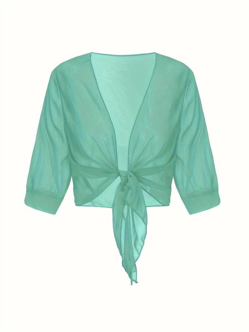 Dahlia Women's Sheer Chiffon Tie Front Crop Cardigan Top in Yellow