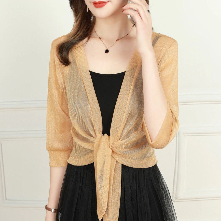 Dahlia Women's Sheer Chiffon Tie Front Crop Cardigan Top in Yellow