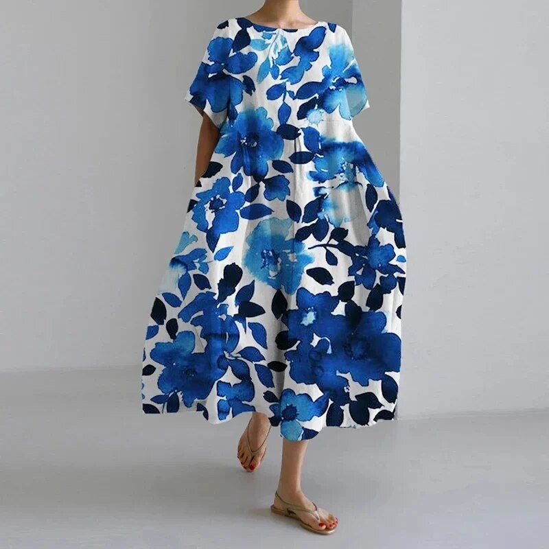 Daisy Retro Big Swing Loose Maxi Dress in Blue White