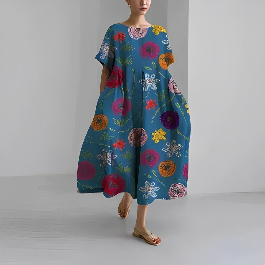 Daisy Retro Big Swing Loose Maxi Dress in Blue